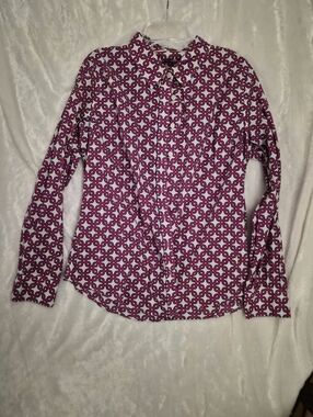 Crown & Ivy Pink Geometric Print Button Front Blouse Medium Preppy